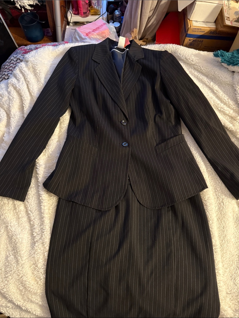 Tailored Pinstripe Black Women's Suit Jacket & Skirt